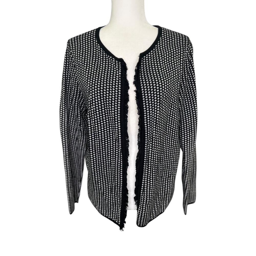 Talbots Black White Polka Dot Open Front Fringe Detail Cardigan Size Large